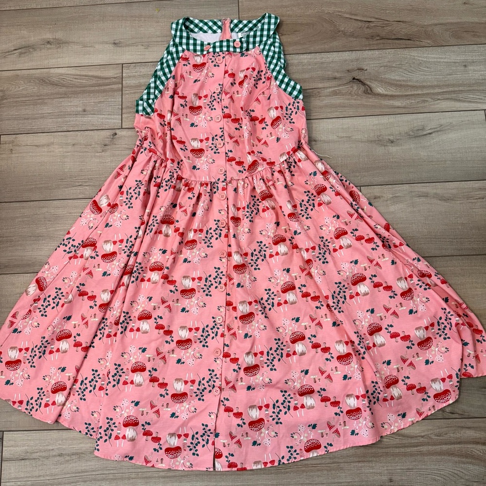 Unique Vintage Pink & Green Gingham Mushroom Print Maxine Swing Dress